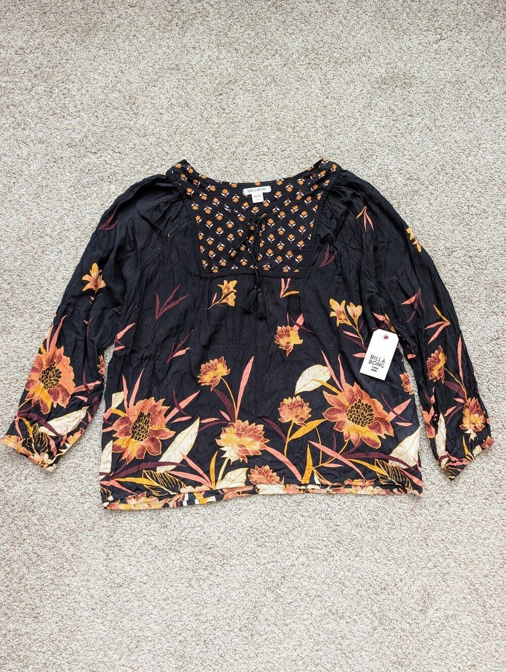Billabong Womens Black Orange Ella Bella Floral Field Peasant Tunic NWT Small